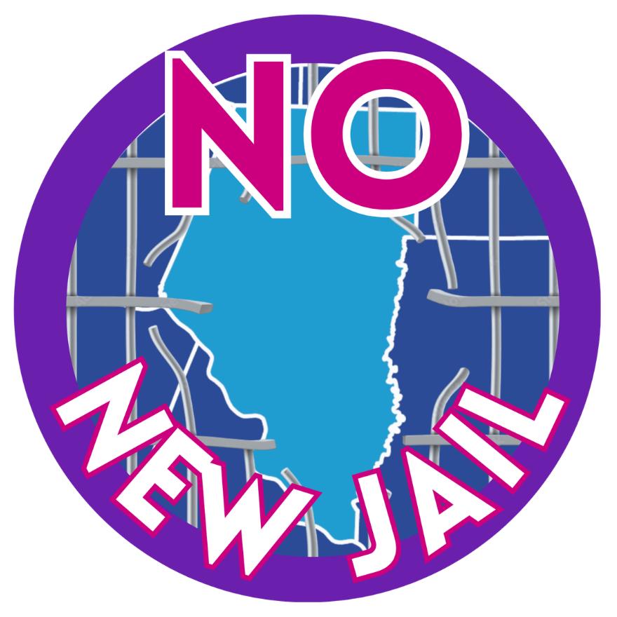 The No New Jail - Boone County logo: Boone County's geographic outline (in robin's egg blue on a dark blue background) appears behind broken and bent metal jail bars, the words No New Jail in the foreground (the letters in all-caps and outlined bright fuchsia, standing along a round, dark purple outline) encircle the County.